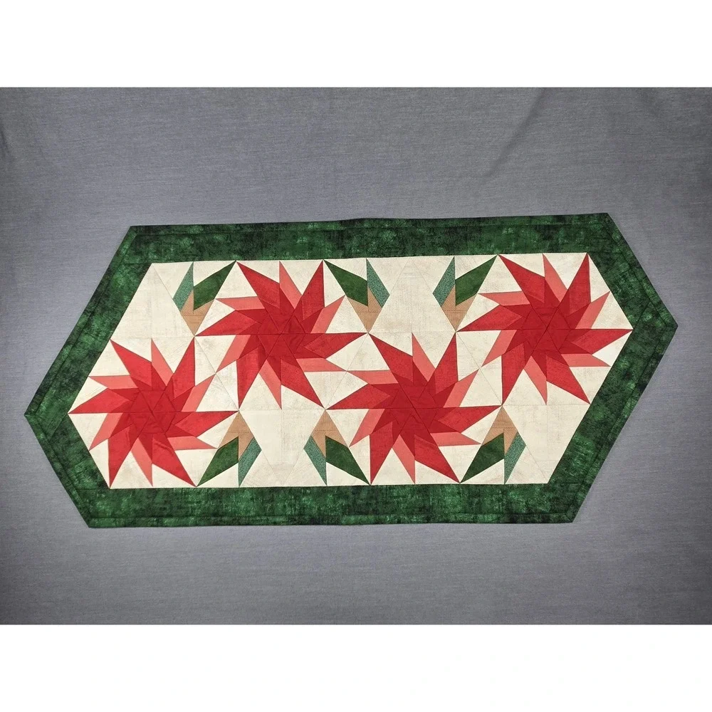 Quilted Christmas Table Runner Red Green Patchwork Star Holiday Decor 16 x 35